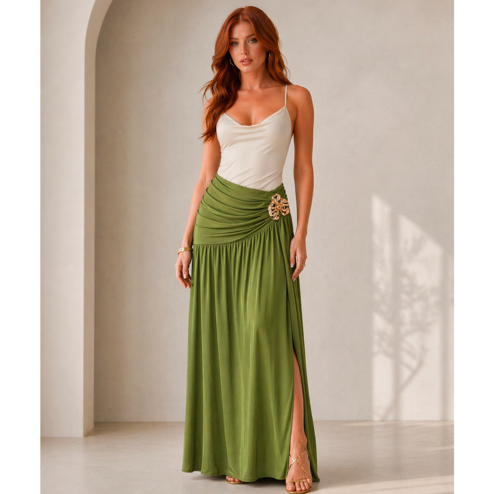 Babyboo Olive Green Ruched Maxi Skirt Gold Flower Hardware Slit Size M